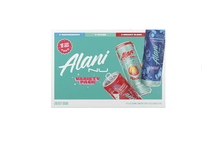 Alani Nu Sugar-Free Energy Drink, 12-pack Variety Pack, Juicy Peach, Cherry Slush, Breezeberry Stardust, 12oz Cans 12-pack Multi-pack (12 Cans)