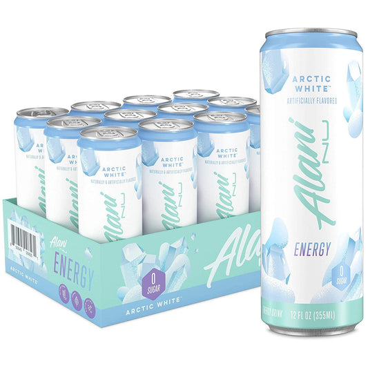 Alani Nu Sugar-Free Energy Drink, Pre-Workout Performance, Arctic White, 12 oz Cans (Pack of 12)