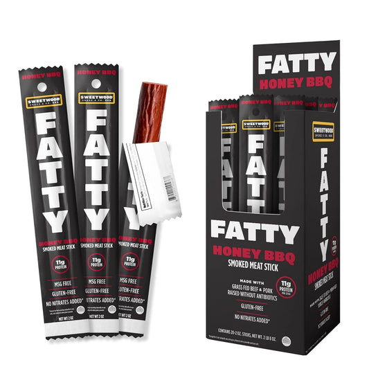FATTY Meat Jerk Sticks, Grass-Fed Beef, High Protein Snack, Camping, Sports, Road Trip, Low Carb, Gluten Free, MSG Free, Nitrate Free, Honey BBQ Flavor, 2 Ounce (Pack of 20)