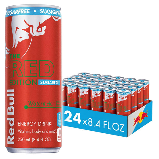 Red Bull Red Edition Sugar Free Energy Drink, Watermelon, with 80mg Caffeine plus Taurine & B Vitamins, 8.4 Fl Oz, Pack of 24 Cans