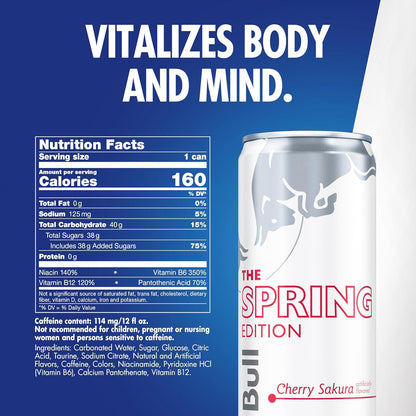 Red Bull Spring Edition Energy Drink, Cherry Sakura, 114mg Caffeine, Taurine & B Vitamins, 12 oz. Pack of 24 Cans