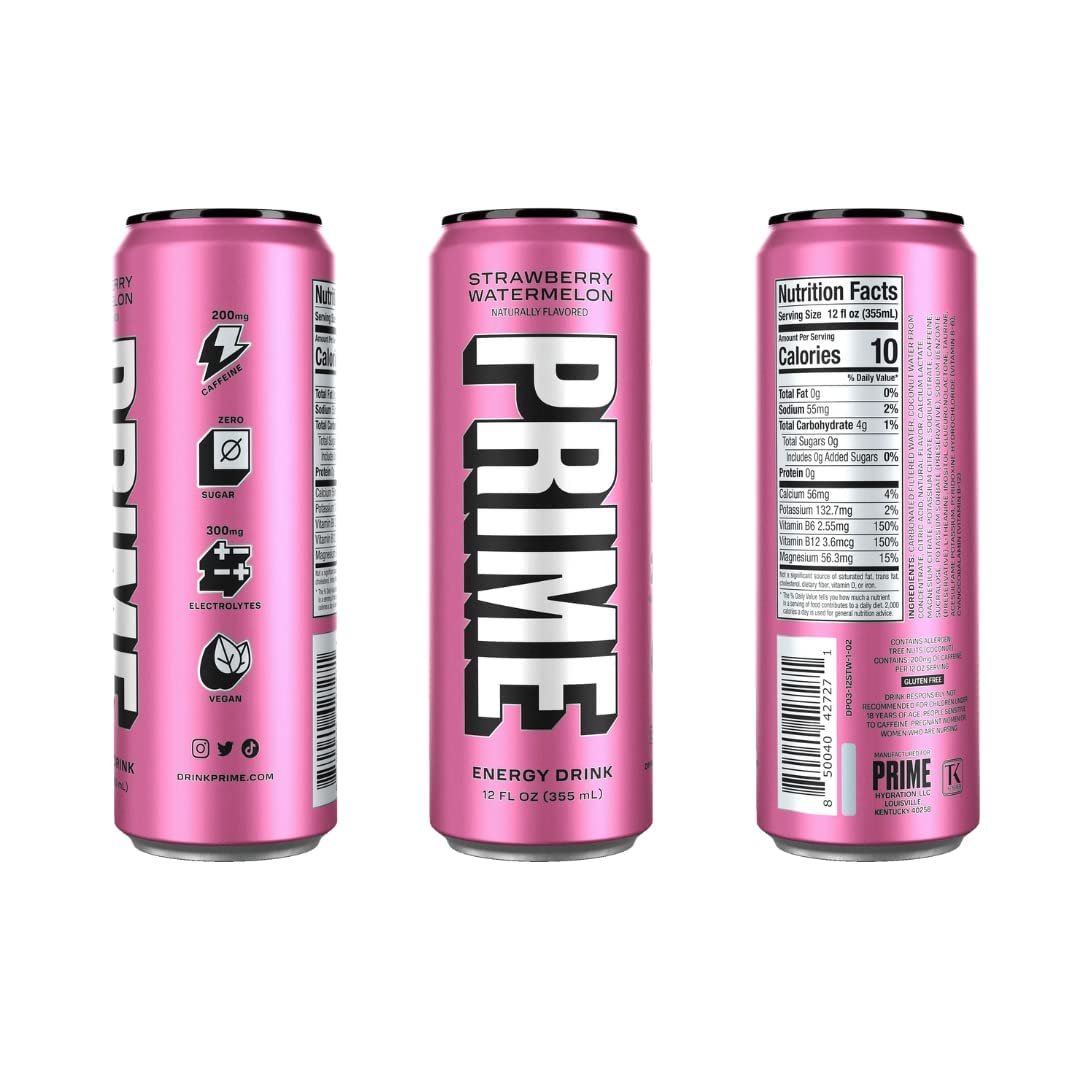 Prime Energy Drink Cans 5 Flavor Variety Pack - 200mg Caffeine, Zero Sugar, 300mg Electrolytes, Vegan - 12 Fl Oz Cans - 5 Cans