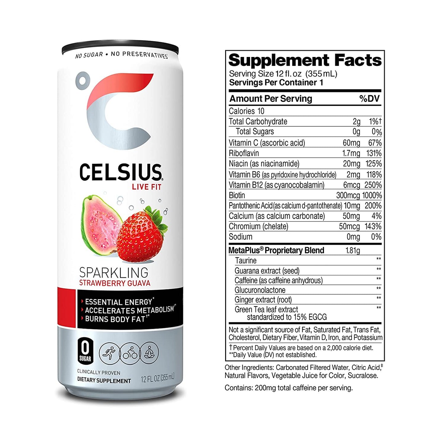 CELSIUS Essential Energy Drink, Sparkling Strawberry Guava 12 Fl Oz (Pack of 12)