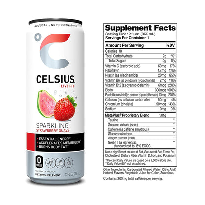 CELSIUS Essential Energy Drink, Sparkling Strawberry Guava 12 Fl Oz (Pack of 12)