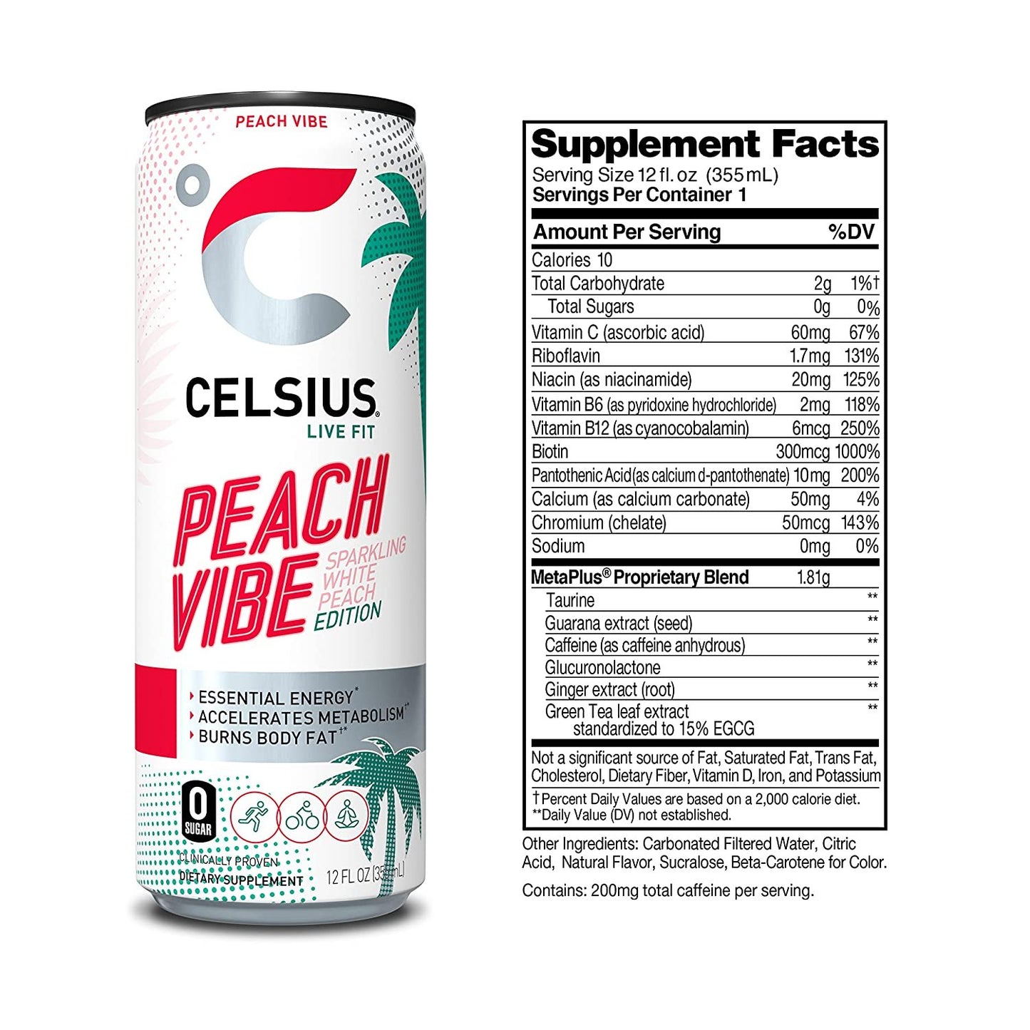 CELSIUS Essential Energy Drink 12 Fl Oz, Sparkling Peach Vibe (Pack of 12)