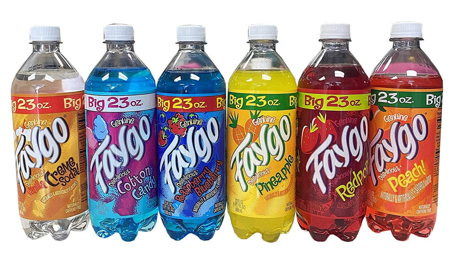 Faygo Variety 9.7 pounds, 6 Pack (1 Cotton Candy, 1 Blue Raspberry, 1 Red Pop, 1 Vanilla Cream, 1 Pineapple, 1 Peach)