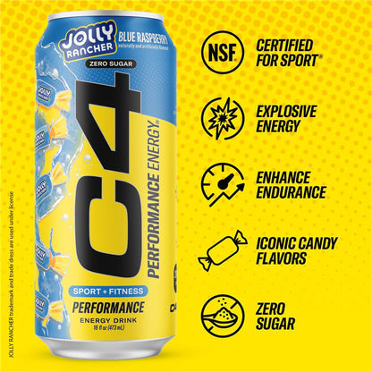 Cellucor C4 Performance Energy Drink | JOLLY RANCHER Blue Raspberry | Zero Sugar Carbonated Preworkout Energy | 200mg Caffeine with Beta Alanine | 16 Fl Oz (12 Pack)