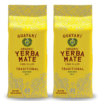 Guayaki Yerba Mate, Organic Traditional Single Serve, 7.9 Ounces (75 Tea Bags) (Pack of 2), 40mg Caffeine per Serving, Alternative to Tea, Coffee and Energy Drinks