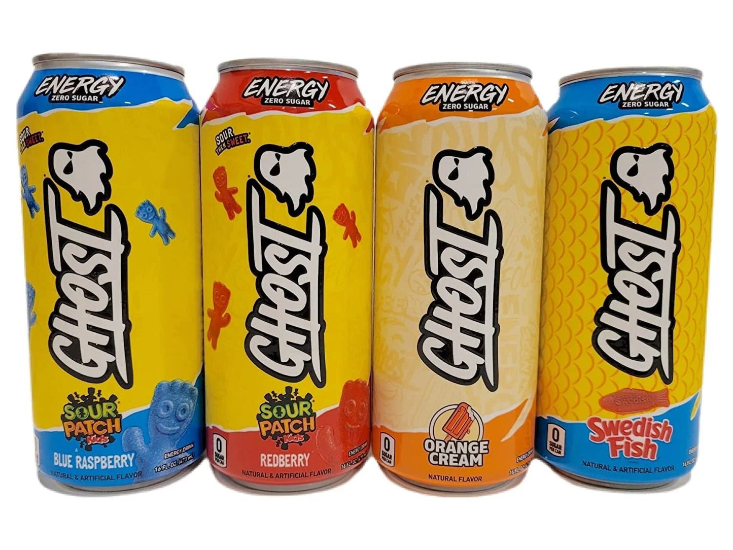 Ghost Energy Drink Cans, Variety Pack. Four Flavors Included Orange Cream, Swedish Fish, & Sour Patch KIds Blue Raspberry & Redberry. 16oz-Ready To Drink