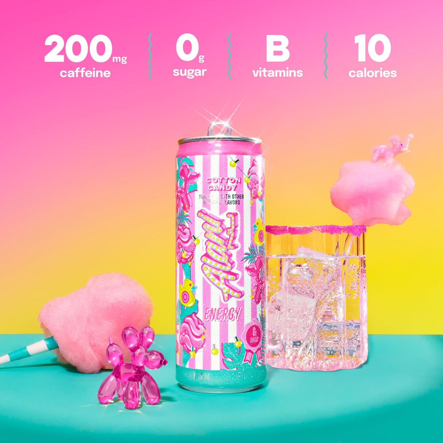 Alani Nu COTTON CANDY, Sugar Free, Low Calorie Energy Drinks, 200mg Caffeine, Biotin, B Vitamins, Zero Sugar, 10 Calories, 12 Fl Oz Cans, 12 Pack