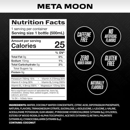 PRIME Hydration META MOON | Sports Drinks | Electrolyte Enhanced for Ultimate Hydration | 250mg BCAAs | B Vitamins | Antioxidants | 2g Of Sugar | 16.9 Fluid Ounce | 12 Pack