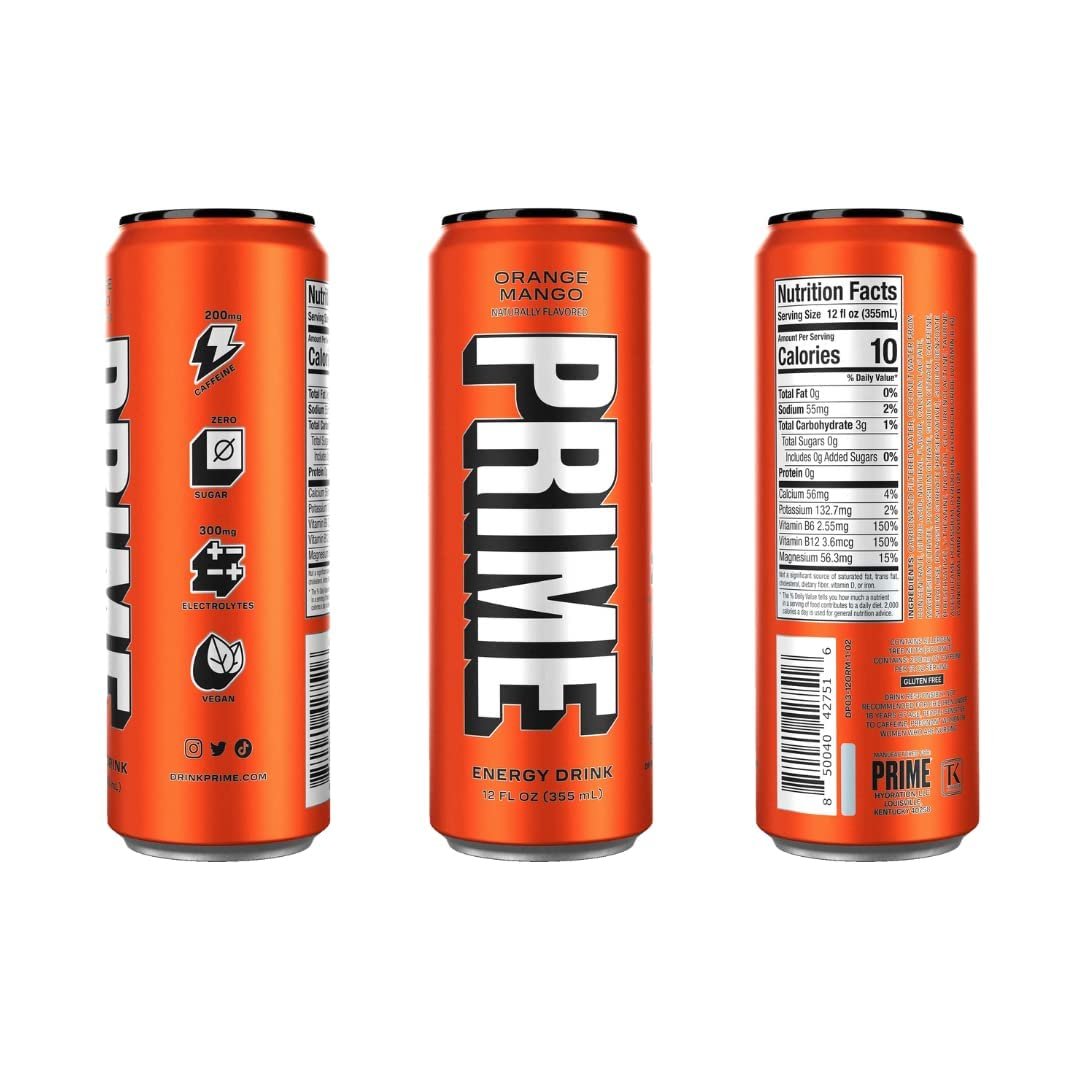 Prime Hydration Drink Energy Cans 6 Flavor Variety Sampler Pack - 200mg Caffeine, Zero Sugar, 300mg Electrolytes, Vegan - (12 Fl Oz Cans)