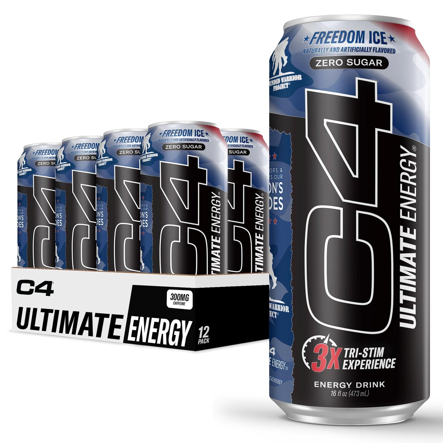 C4 Ultimate x Wounded Warrior Project | Pre Workout Sugar Free Energy Drink | Tri-Stim Experience with 300mg Caffeine + TeaCrine + Dynamine | Freedom Ice | 16oz (Pack of 12)