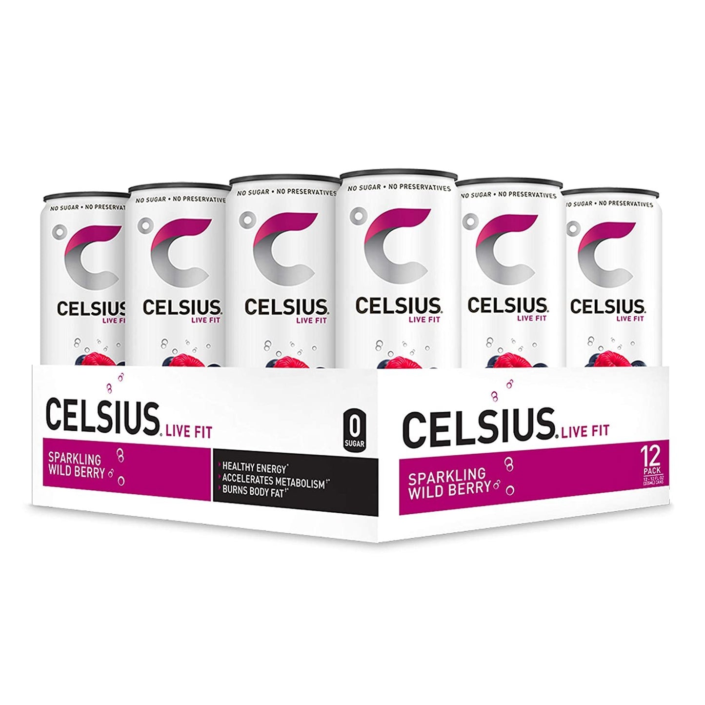 CELSIUS Sparkling Wild Berry Fitness Drink, Zero Sugar, 12oz. Slim Can, 12 Pack (Wild Berry)