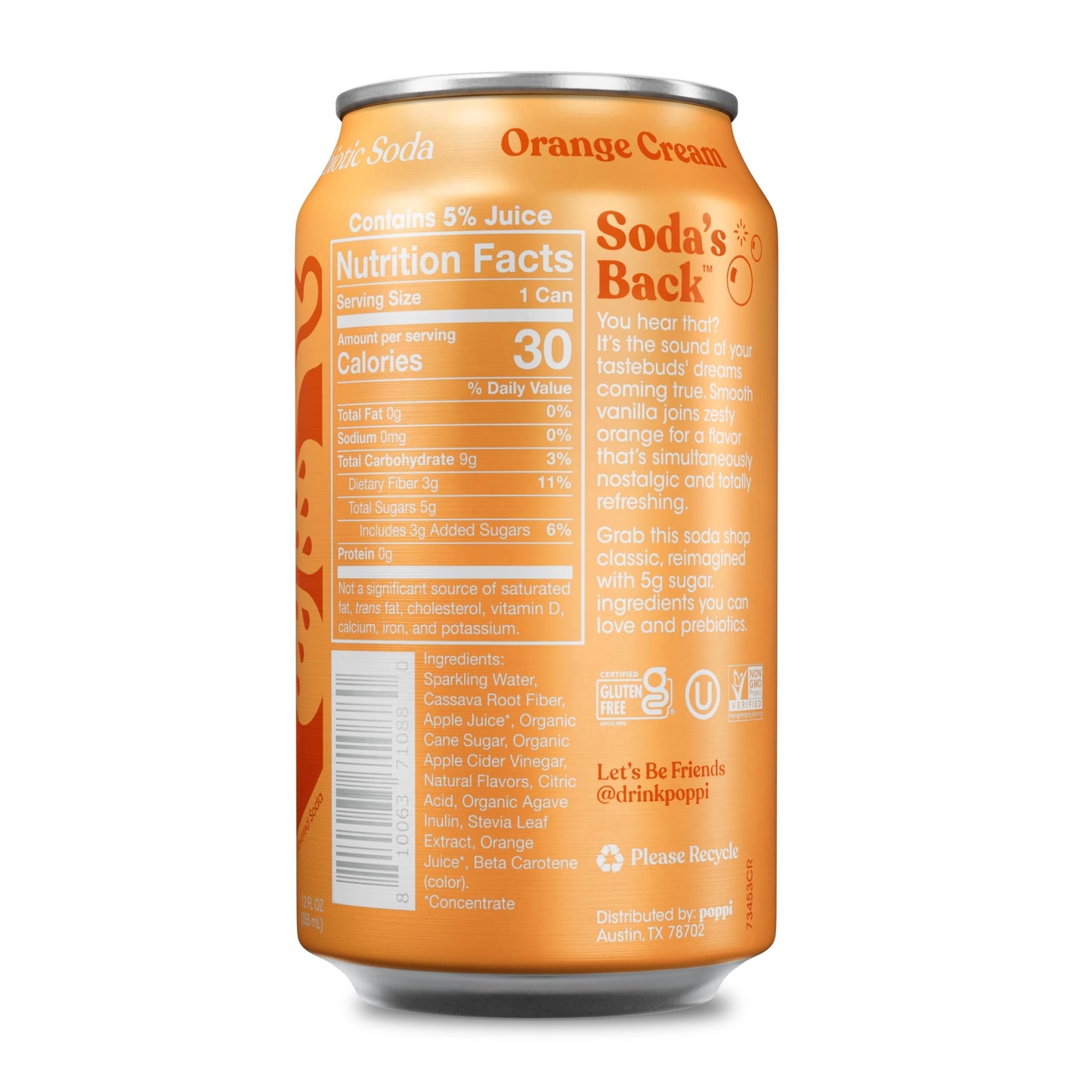 POPPI Sparkling Prebiotic Soda, Beverages w/Apple Cider Vinegar, Seltzer Water & Fruit Juice, Orange Cream, 12oz (12 Pack)
