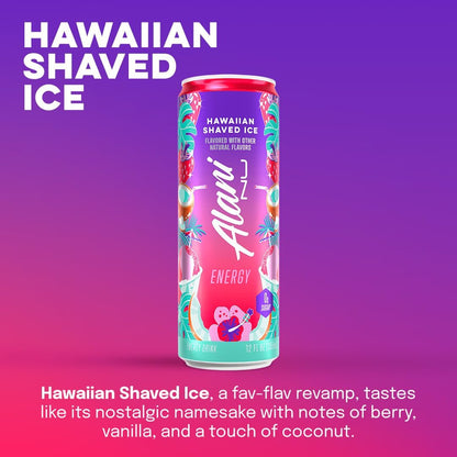 Alani Nu HAWAIIAN SHAVED ICE, Sugar Free, Low Calorie Energy Drinks, 200mg Caffeine, Biotin, B Vitamins, Zero Sugar, 10 Calories, 12 Fl Oz Cans, 12 Pack