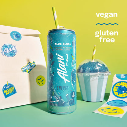 Alani Nu Energy Drinks 6 Pack Cans Sugar Free 200mg of Caffeine B Vitamins 12 Fl Oz (Blue Slush)