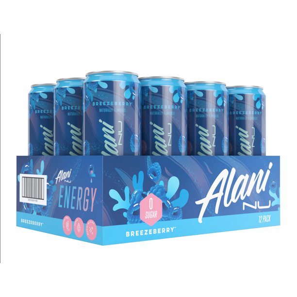 Alani Nu Sugar-Free Energy Drink, Pre-Workout Performance, Breezeberry, 12 oz Cans (Pack of 12)