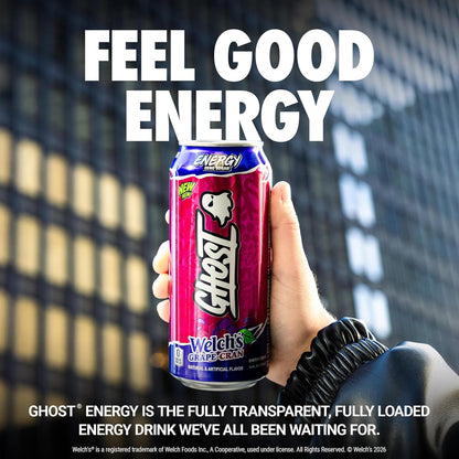 GHOST Energy Drink - 12-Pack, Welch's Grape-Cran, 16oz Cans - Energy & Focus & No Artificial Colors - 200mg of Natural Caffeine, L-Carnitine & Taurine - Gluten-Free & Vegan