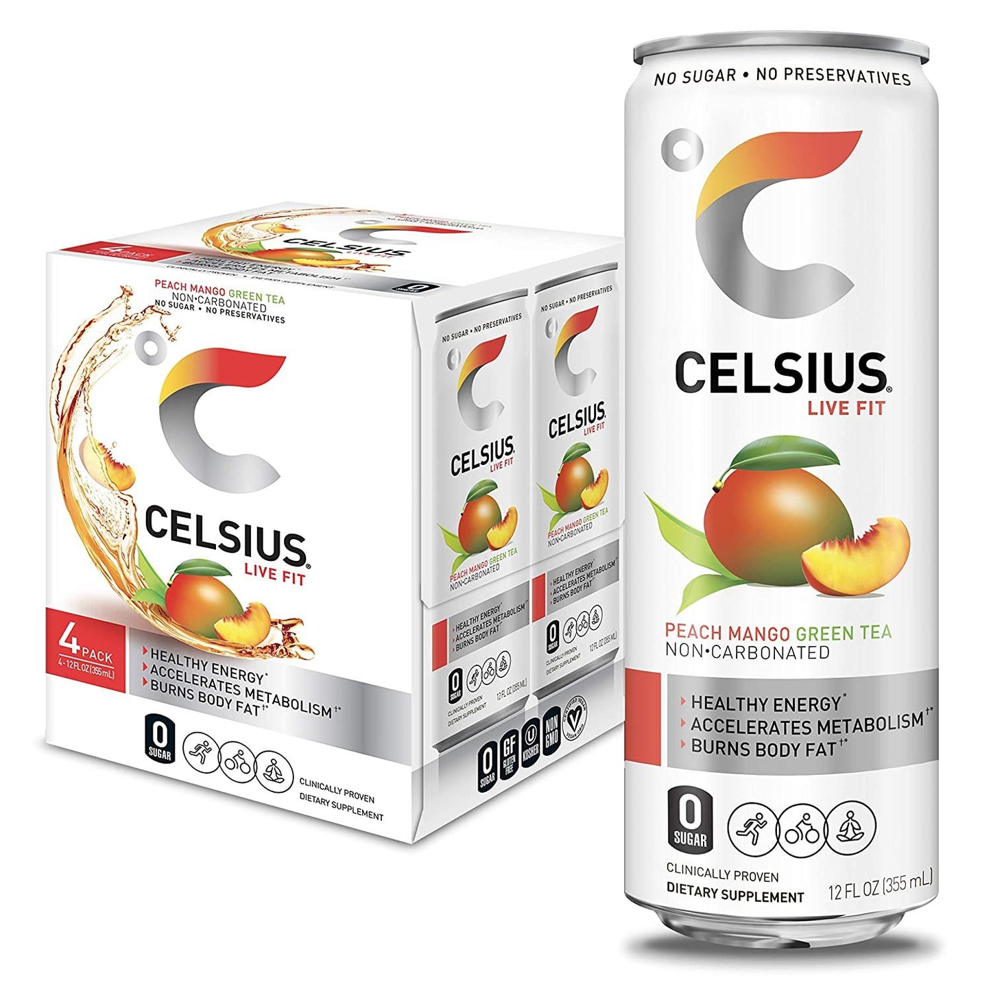 CELSIUS Essential Energy Drink 12 Fl Oz, Peach Mango Green Tea (Pack of 4)