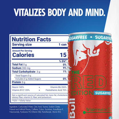 Red Bull Red Edition Sugar Free Energy Drink, Watermelon, with 114mg Caffeine plus Taurine & B Vitamins, 12 Fl Oz, Pack of 4 Cans