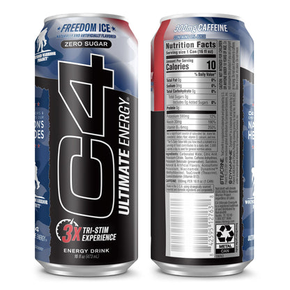 C4 Ultimate x Wounded Warrior Project | Pre Workout Sugar Free Energy Drink | Tri-Stim Experience with 300mg Caffeine + TeaCrine + Dynamine | Freedom Ice | 16oz (Pack of 12)