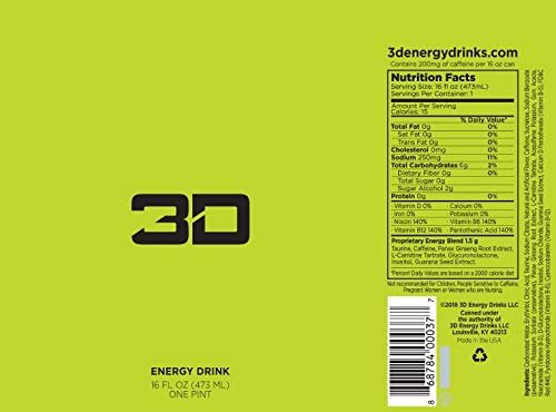 3D Energy Drink | Caffeine, Zero Sugar, Taurine, Panax Ginseng, Inositol, Guarana Seed, L-Carnitine Tartrate, 16 Fluid Ounce | 12 Pack (Green)