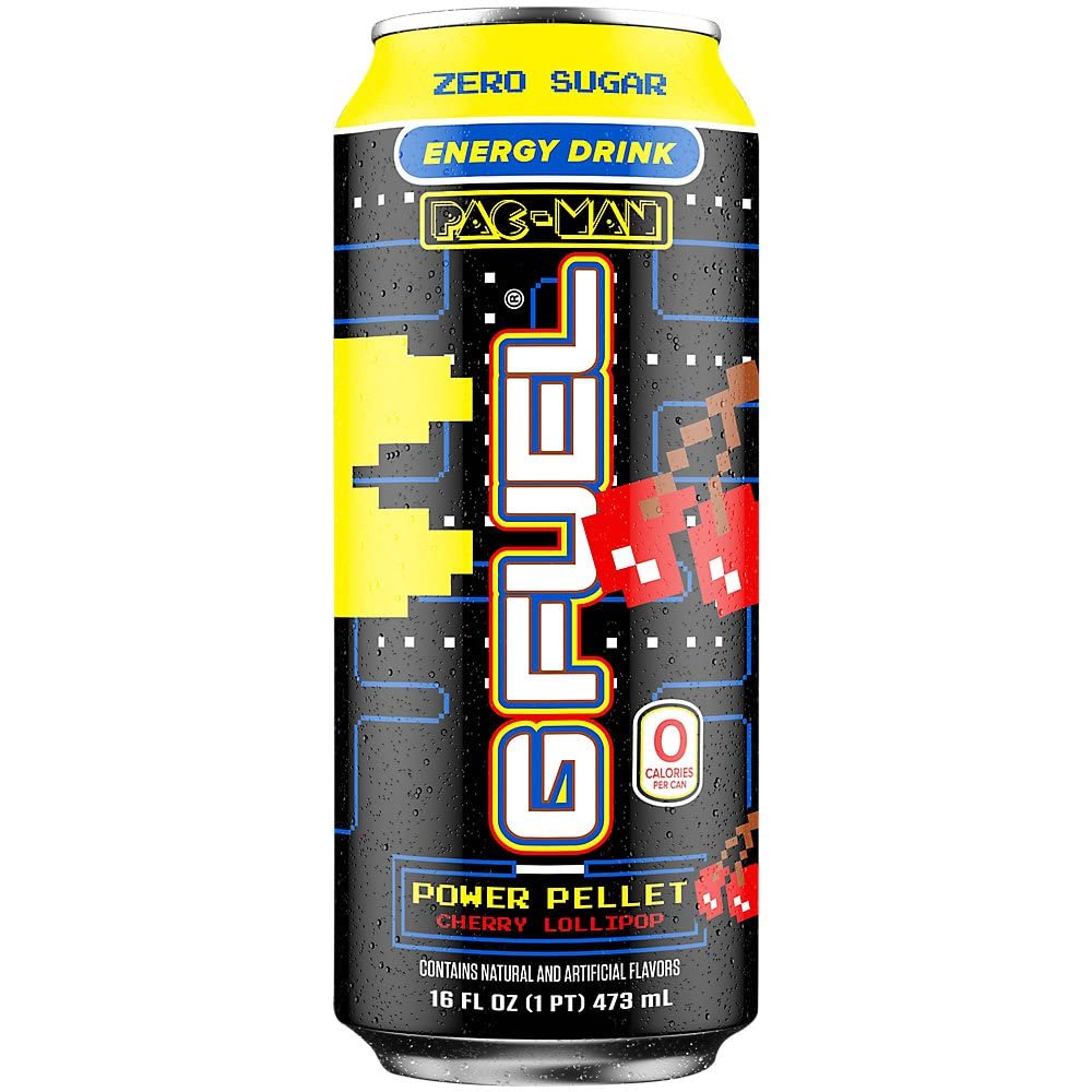 G Fuel Pac-Man Power Pellet - Cherry Lollipop Energy Drink, 16 oz can, 12-pack case